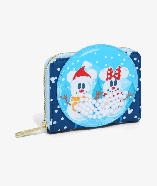 this is an image of Loungefly Disney Mickey & Minnie Mouse Snowman Snow Globe Small Wallet