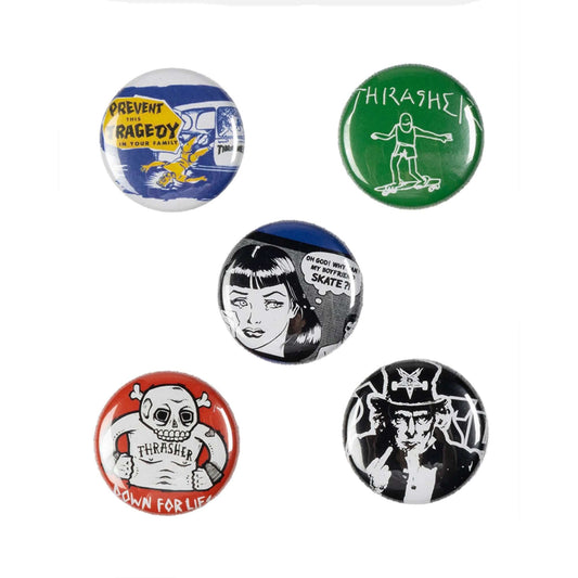 this is an image of Thrasher Usual Suspects Button Pack