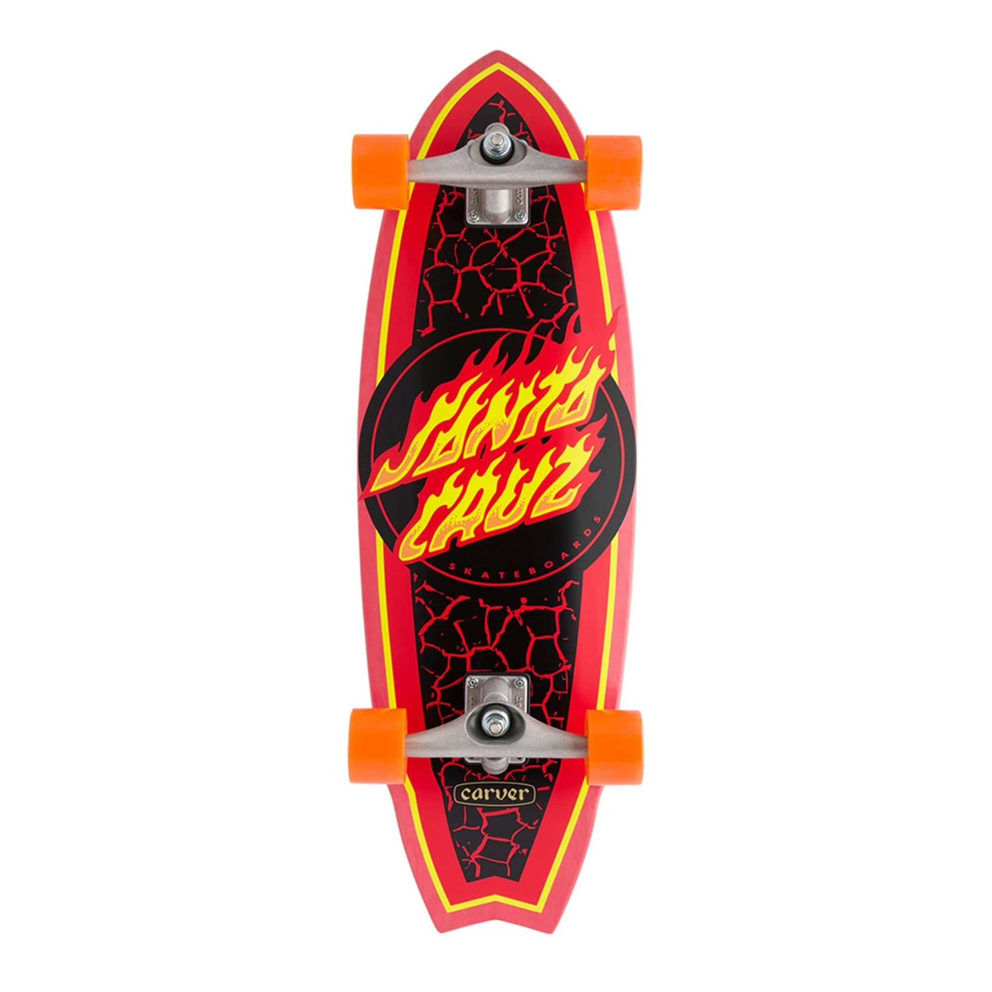this is an image of Santa Cruz 9.85in Flame Dot Shark Carver Surf Skate