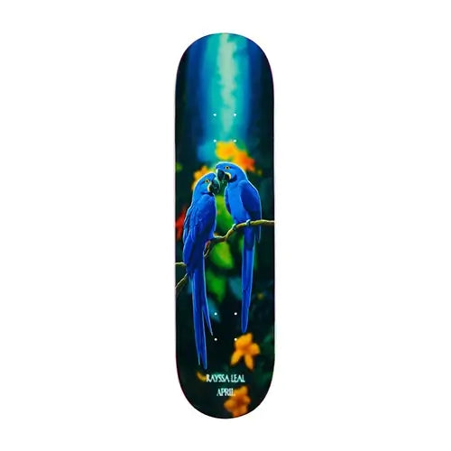this is an image of April Skateboard Deck Leal Blue Macaw 8.25