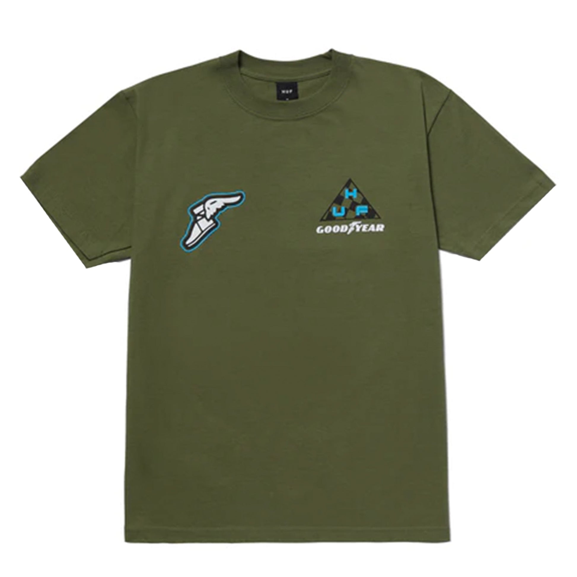 this is an image of Huf X Goodyear Grand PrixSS Tee