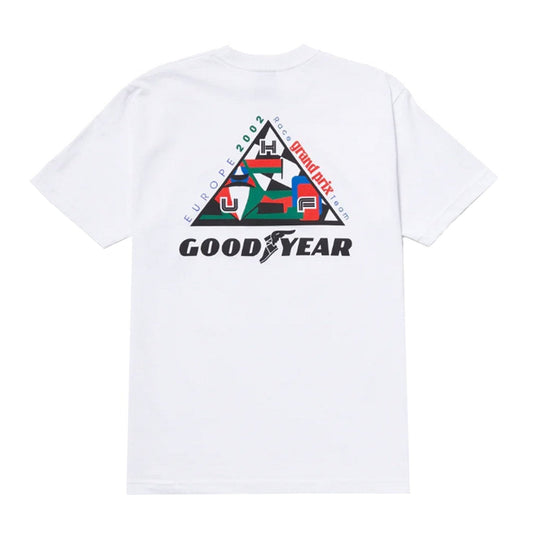 this is an image of Huf X Goodyear Grand PrixSS Tee