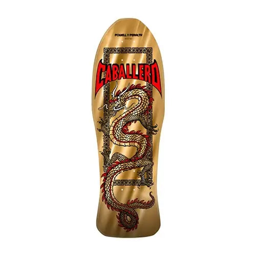 this is an image of Powell Peralta Skateboard Deck Caballero Chinese Dragon Gold Foil Shaped 10.0