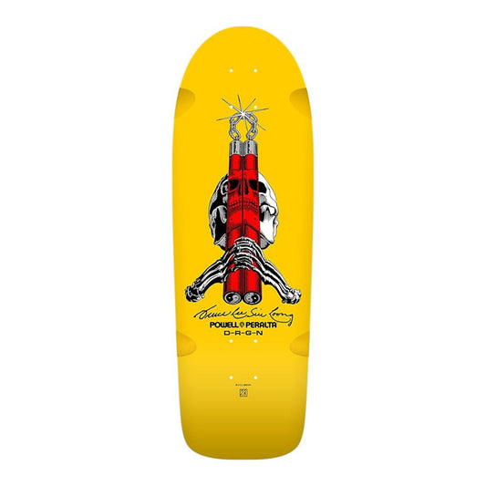 this is an image of Powell Peralta Skateboard Deck Bruce Lee Skull and Nunchucks