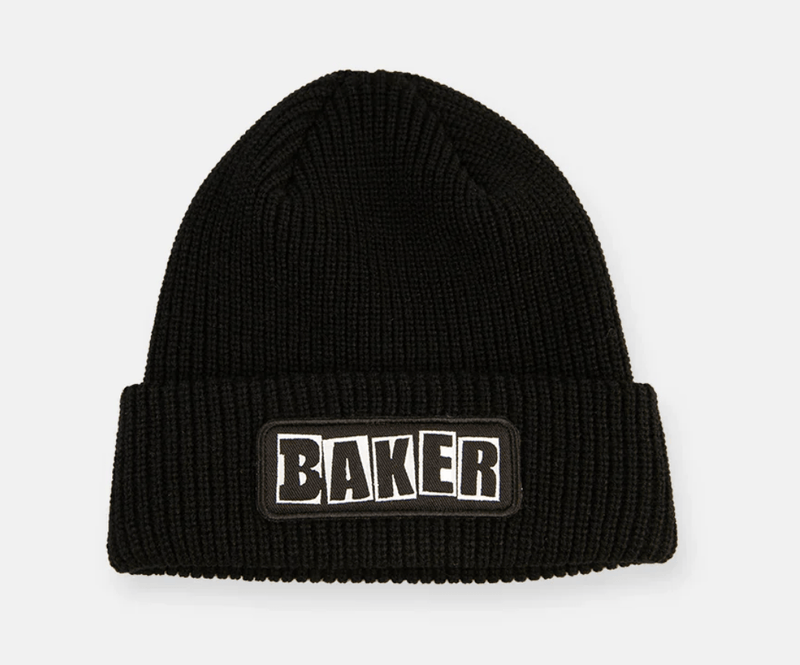 Baker Skateboards Brand Logo Patch Beanie in black product photo showing folded cuff patch