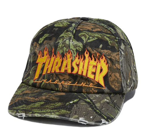 Thrasher Flame Distressed Snapback Camo front view showing embroidered flame logo