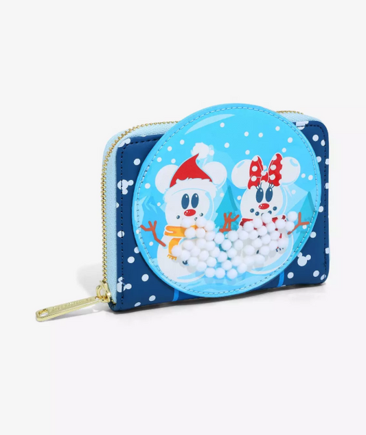 this is an image of Loungefly Disney Mickey & Minnie Mouse Snowman Snow Globe Small Wallet