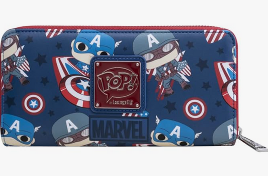 this is an image of Loungefly Marvel Funko Pop Captain America Avengers Zip Around Wallet