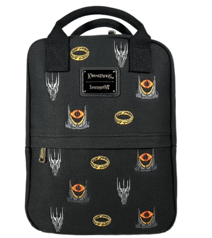 this is an image of Loungefly The Lord of the Rings Sauron AOP Canvas Backpack