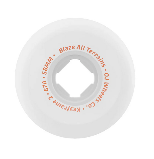 OJ Keyframe 2 White 87a skateboard wheels set of four showing conical cut shape and debossed logo