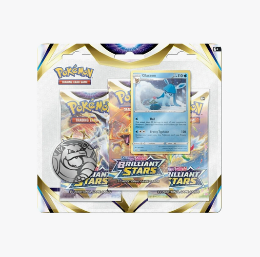 Pokemon Brilliant Stars 3 pack blister SWSH09 front view showing sealed booster packs and foil promo