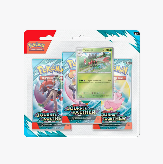 Pokemon Journey Together 3 pack blister SV09 front view showing sealed booster packs and foil promo