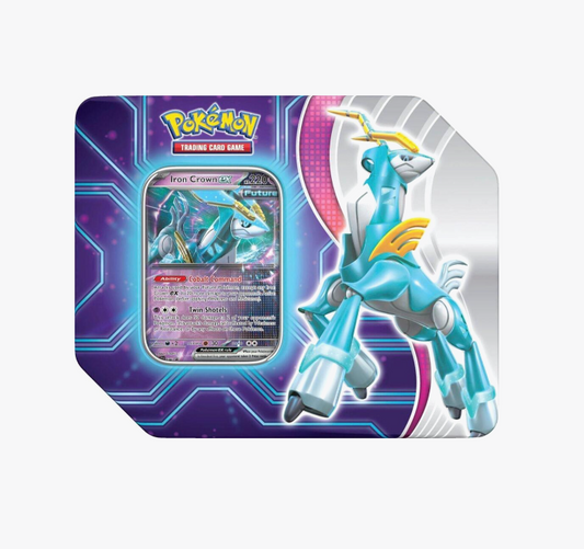 Pokemon TCG Paradox Destinies Tin packaging showing character tin artwork