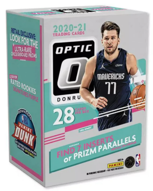 2020-21 Panini Donruss Optic Basketball Blaster Box factory sealed retail packaging showing Checkerboard Prizm callout