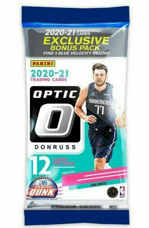 2020-21 Panini Donruss Optic Basketball Cello Pack factory sealed packaging showing Blue Velocity Prizm callout