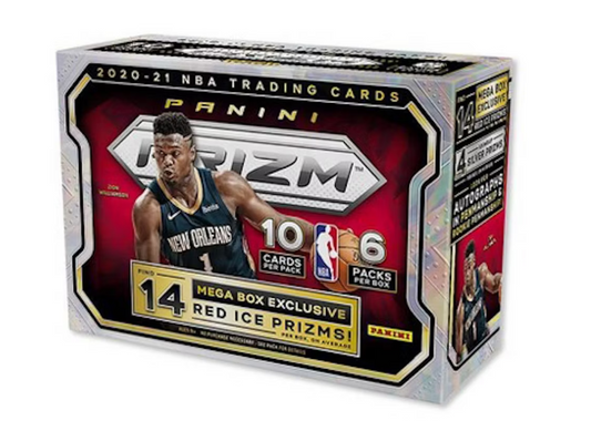 2020-21 Panini Prizm Basketball Mega Box factory sealed retail packaging front view showing Pink Ice Prizm callout