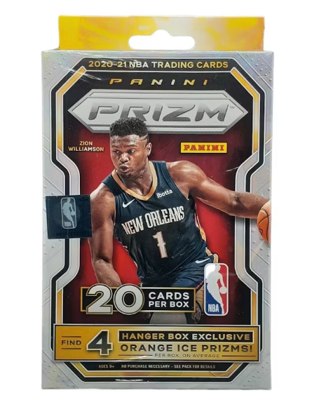2020-21 Panini Prizm Basketball Hanger Box factory sealed retail packaging showing Orange Ice Prizm callout