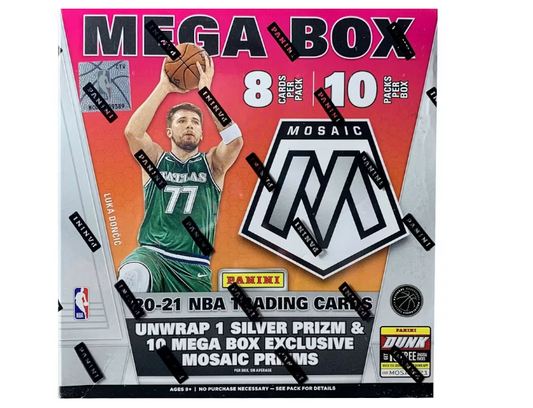 2020-21 Panini Mosaic Basketball Mega Box factory sealed retail packaging front view showing Reactive Mosaic Prizm callout