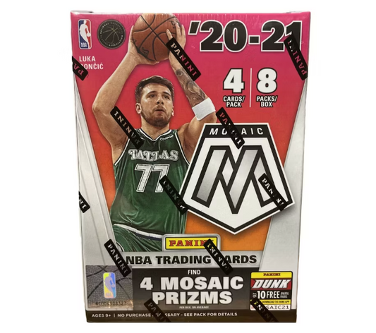 2020-21 Panini Mosaic Basketball Blaster Box factory sealed retail packaging showing Orange Fluorescent Prizm callout