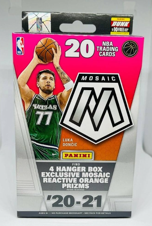2020-21 Panini Mosaic Basketball Hanger Box factory sealed retail packaging showing Reactive Orange Prizm callout