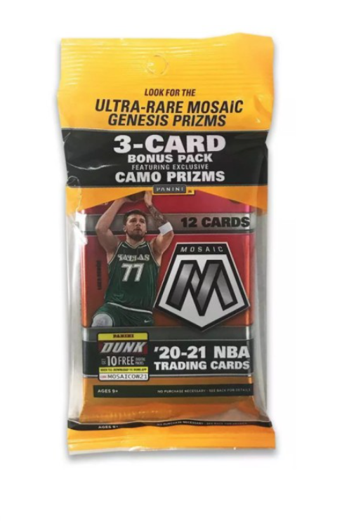 2020-21 Panini Mosaic Basketball Cello Pack factory sealed retail packaging showing Camo Prizm callout