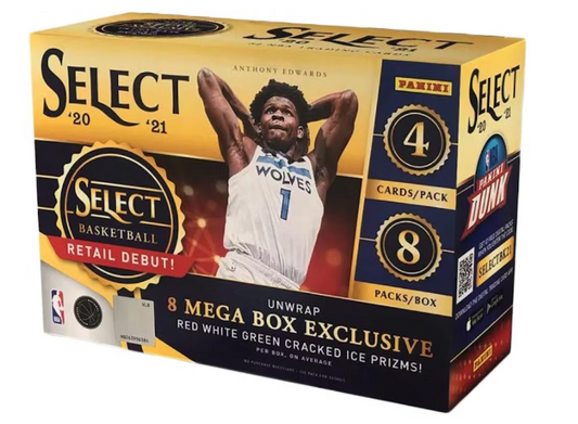 2020-21 Panini Select Basketball Mega Box factory sealed retail packaging showing Cracked Ice Prizm callout