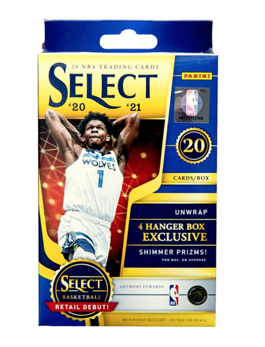 2020-21 Panini Select Basketball Hanger Box factory sealed retail packaging showing Shimmer Prizm callout