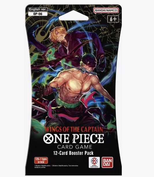 One Piece Card Game Wings of the Captain OP06 sleeved booster pack showing Zoro Sanji artwork