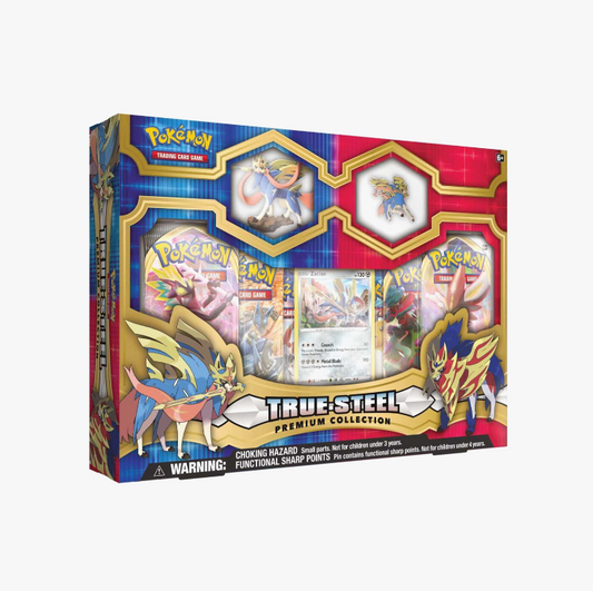 Pokemon TCG True Steel Premium Collection factory sealed showing Zacian Zamazenta figure and pin