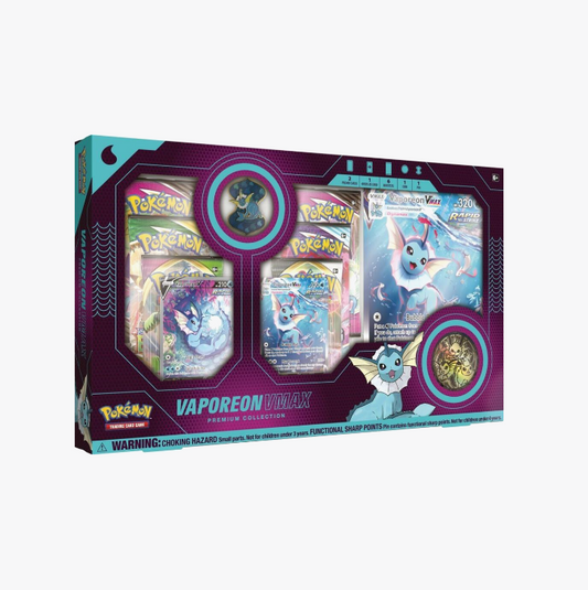 Pokemon TCG Vaporeon VMAX Premium Collection factory sealed showing etched oversize card artwork
