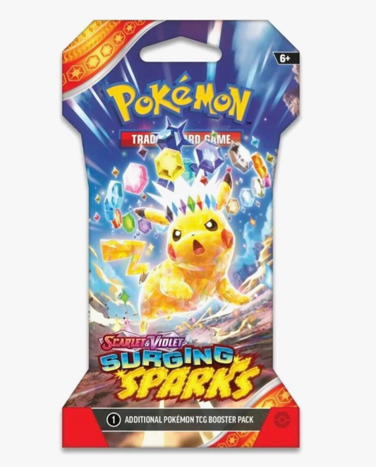 Pokemon TCG Surging Sparks Sleeved Booster Pack factory sealed showing protective outer sleeve