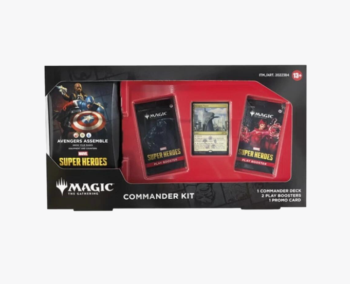 Magic The Gathering Marvel Super Heroes Commander Deck packaging front view showing foil borderless commander artwork
