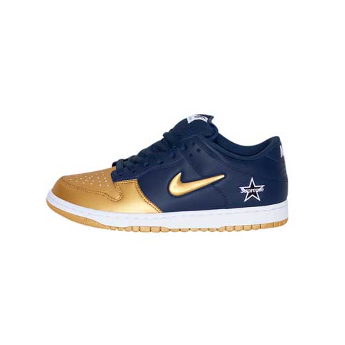this is an image of Supreme x Nike SB Dunk Low "Metallic Gold"