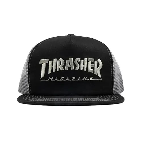 this is an image of Thrasher EMB Logo Black/Grey Adjustable Mesh Hat