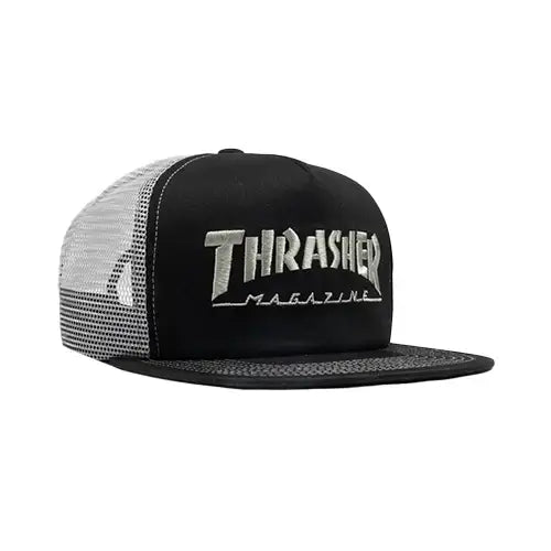 this is an image of Thrasher EMB Logo Black/Grey Adjustable Mesh Hat